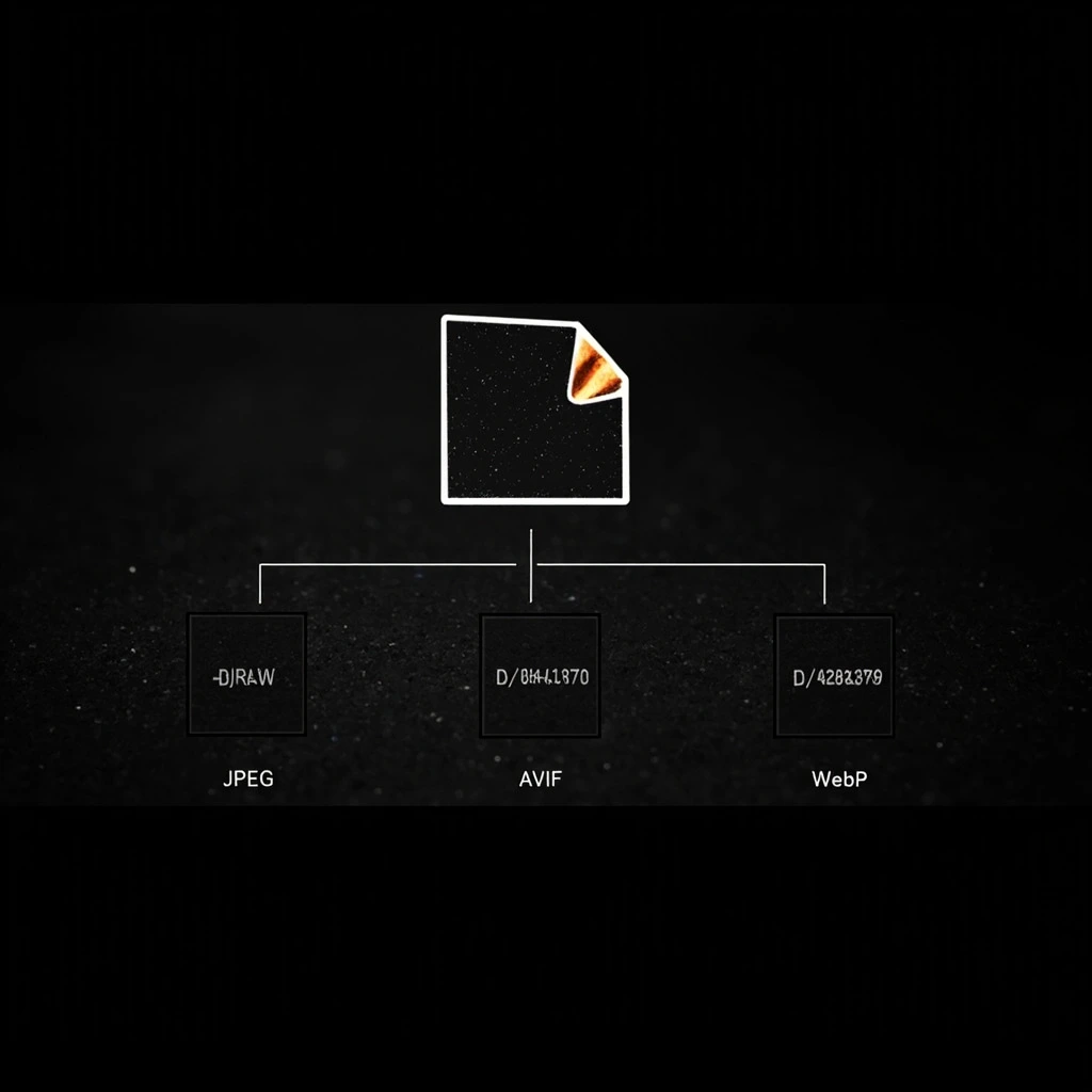 A visual of a RAW photo file being processed into optimized JPEG, AVIF and WebP variants for the web.