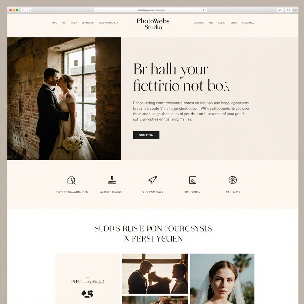 Editorial Weddings template: full-bleed bride-and-groom portrait with serif headline and a single booking button.
